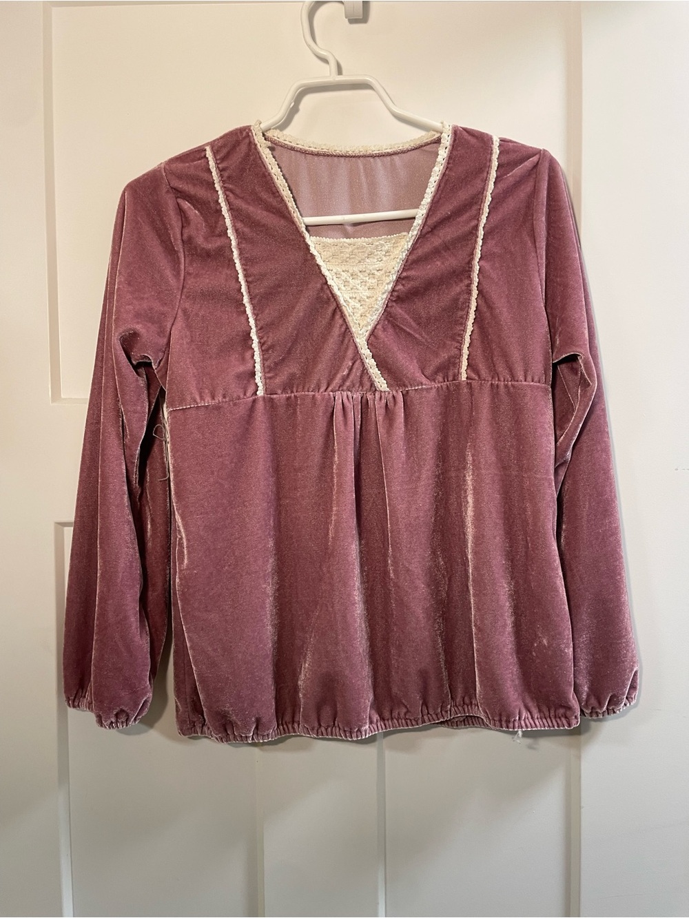 Lace-Trim Velvet V-Neck Blouse in Dusty Rose
